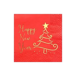 16'lı Yılbaşı Temalı Varak Baskı Peçete Kırmızı